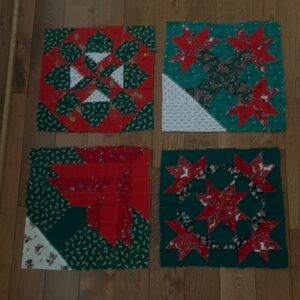 4 handmade Christmas Festive Patchwork Quilt Squares - Red and Green